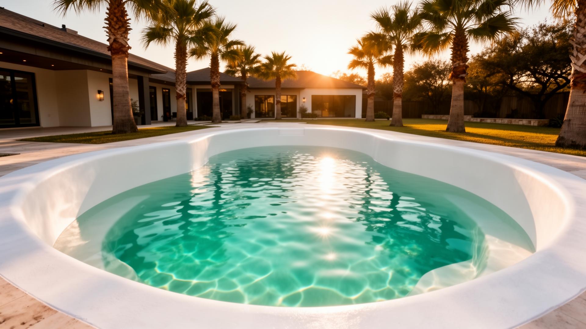 Freshly plastered luxury swimming pool at golden hour